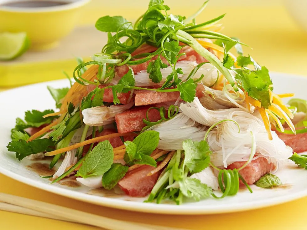 chicken and watermelon rice noodle salad