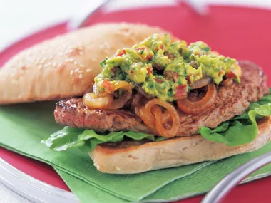 steak sandwich with avocado salsa