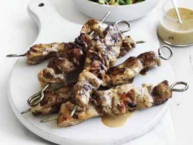 chicken satay skewers with crunchy salad