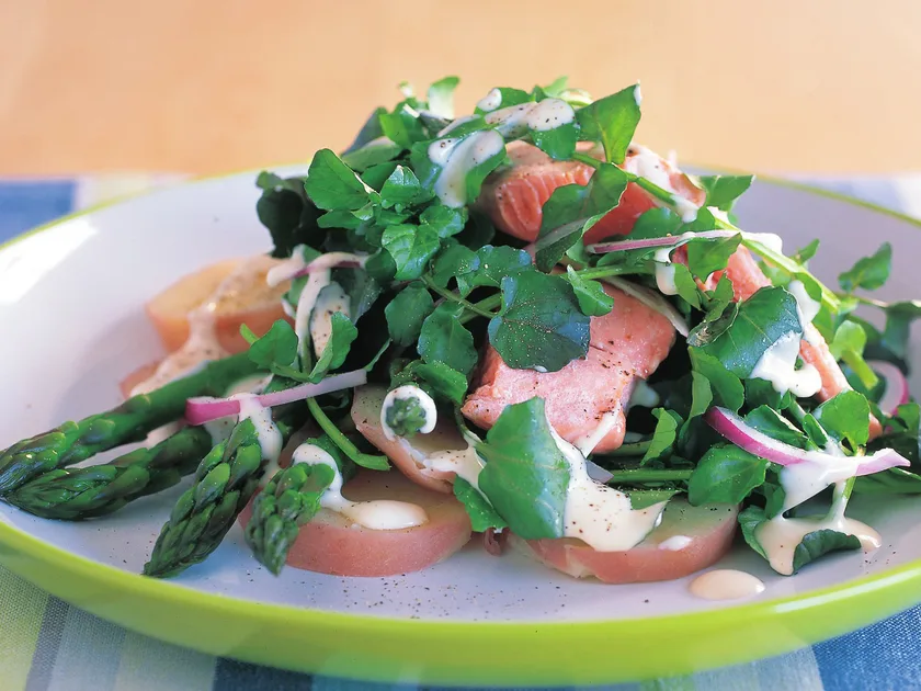 Ocean trout and asparagus salad with creamy horseradish dressing