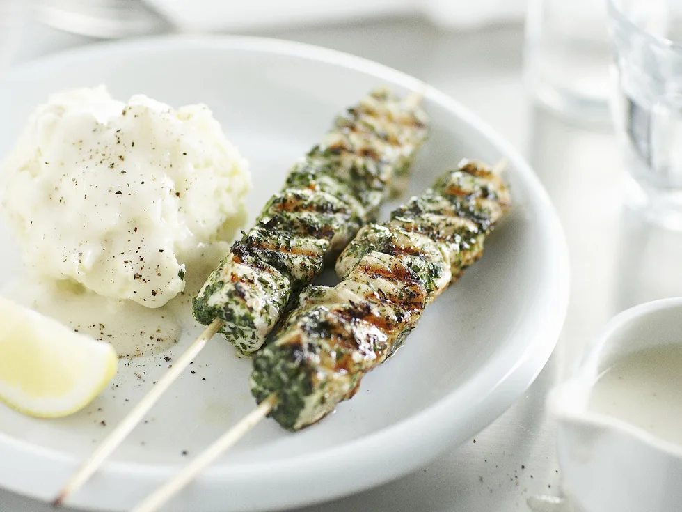 herbed blue-eye skewers with potato smash and skordalia