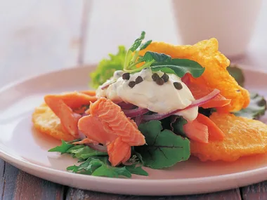 smoked trout and potato scallop stacks