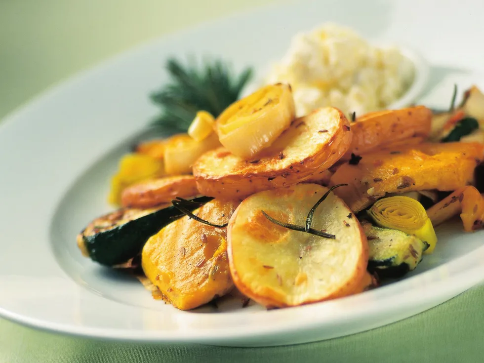 mixed baked vegetables with rosemary and garlic
