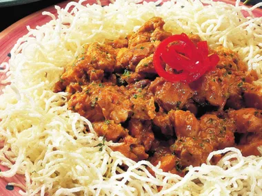 red chicken curry with rice vermicelli