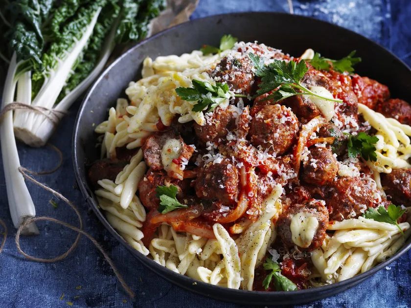 Beef and mozzarella meatballs with fennel and silverbeet