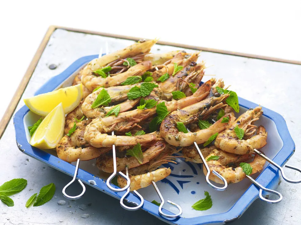 Minted prawn kebabs