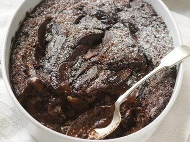 chocolate, pear and hazelnut self-saucing pudding