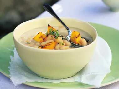 white bean soup with polenta croutons