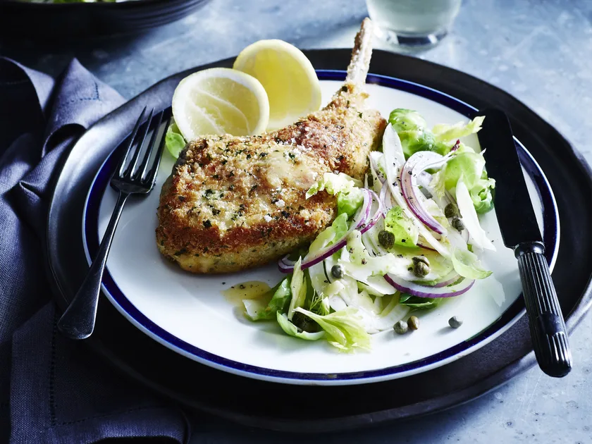 Crumbedporkcutlets with winter slaw