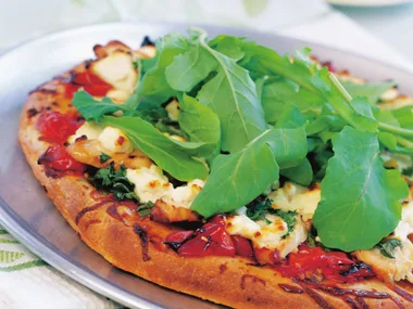 roasted tomato, goat cheese and chicken pizza