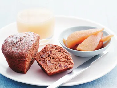 day-before ginger muffins with stewed pear