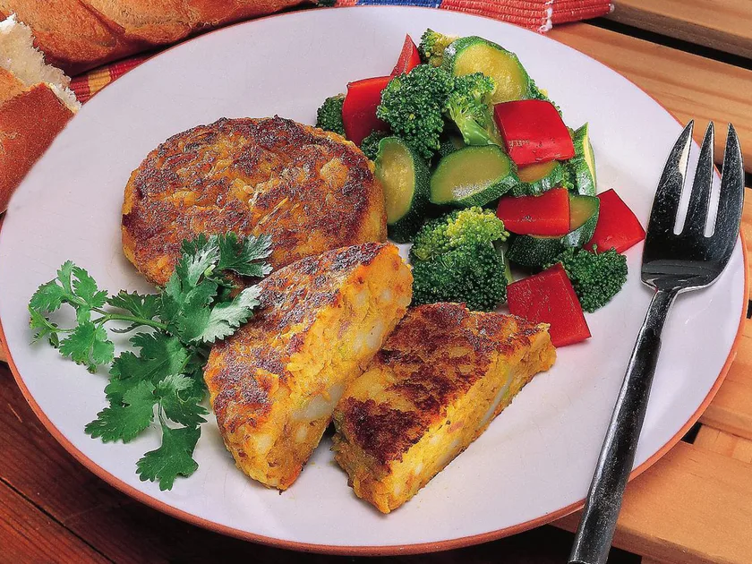 Curried vegetable and bacon patties
