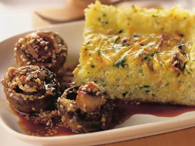 leek and rice flan with sesame mushrooms