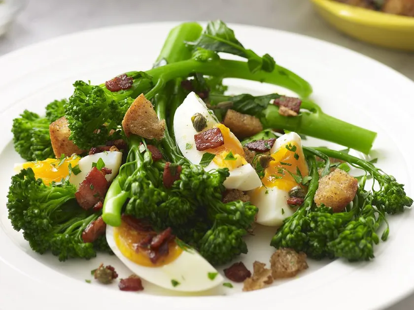 Broccolini with bacon and eggs