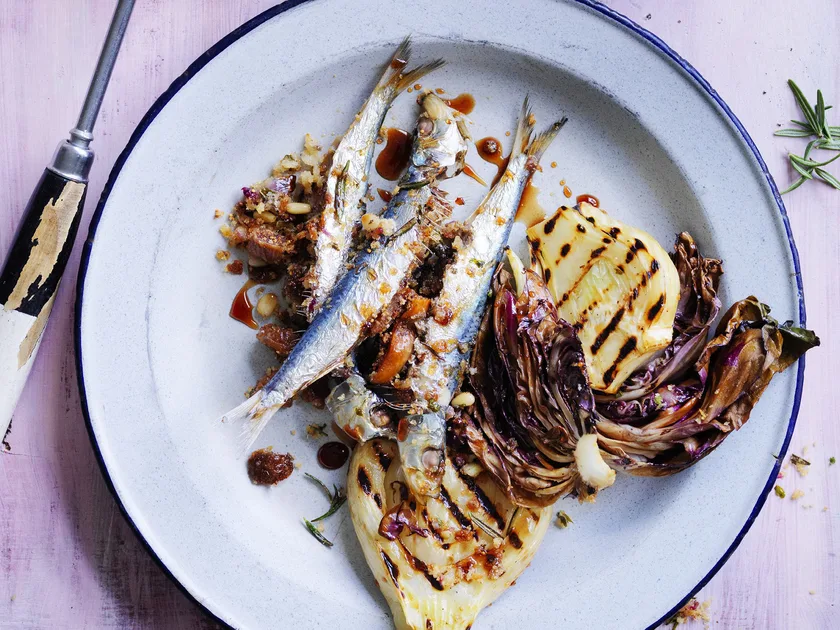 Baked sardines with fig and pine nut stuffing