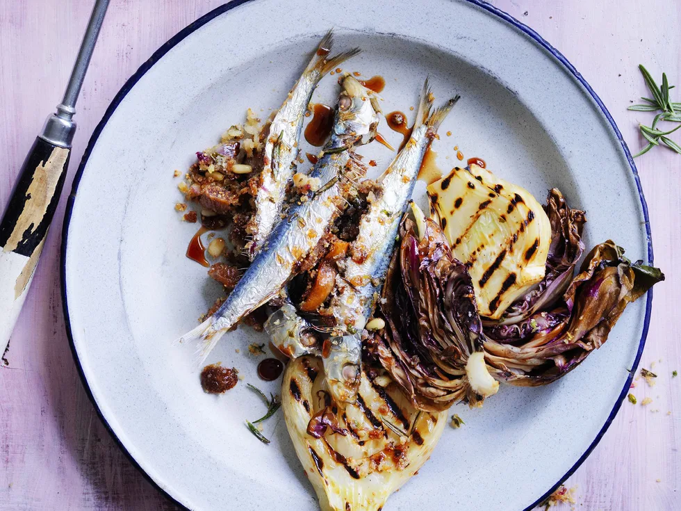 baked sardines with fig and pine nut stuffing