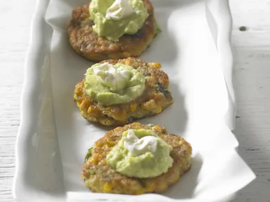 corn cakes with avocado smash