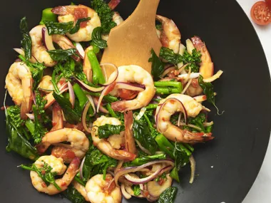 prawns with crispy thai basil