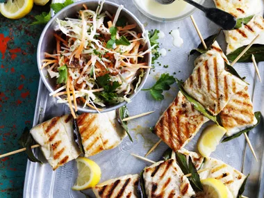 snapper and bay leaf skewers with root vegetable slaw