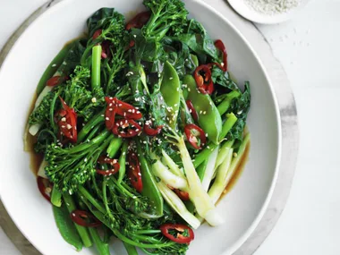 steamed asian greens with char siu sauce