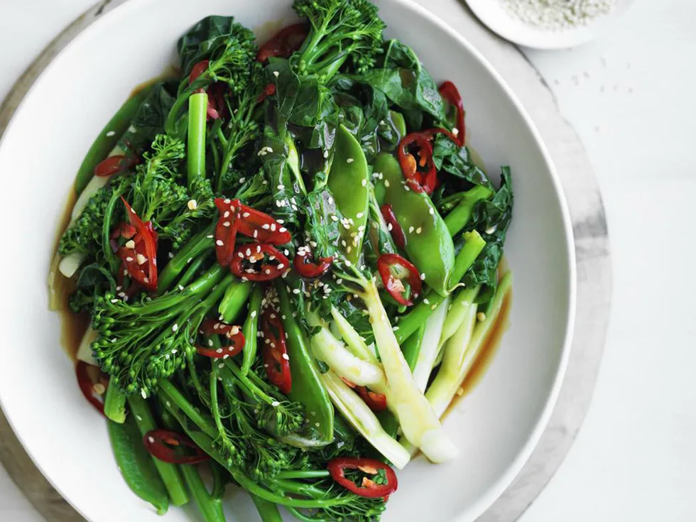 steamed asian greens with char siu sauce