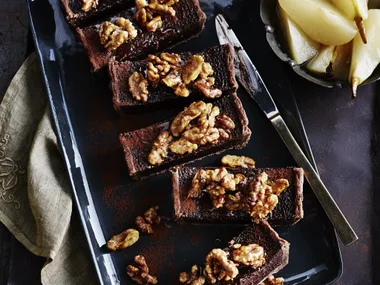 RICHDARKCHOCOLATETART WITH POACHED PEARS