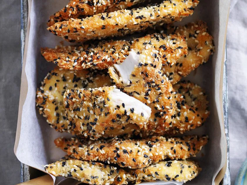 Sesame-crusted chicken goujons