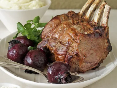 Beef rib roast with potato puree and roasted beetroot