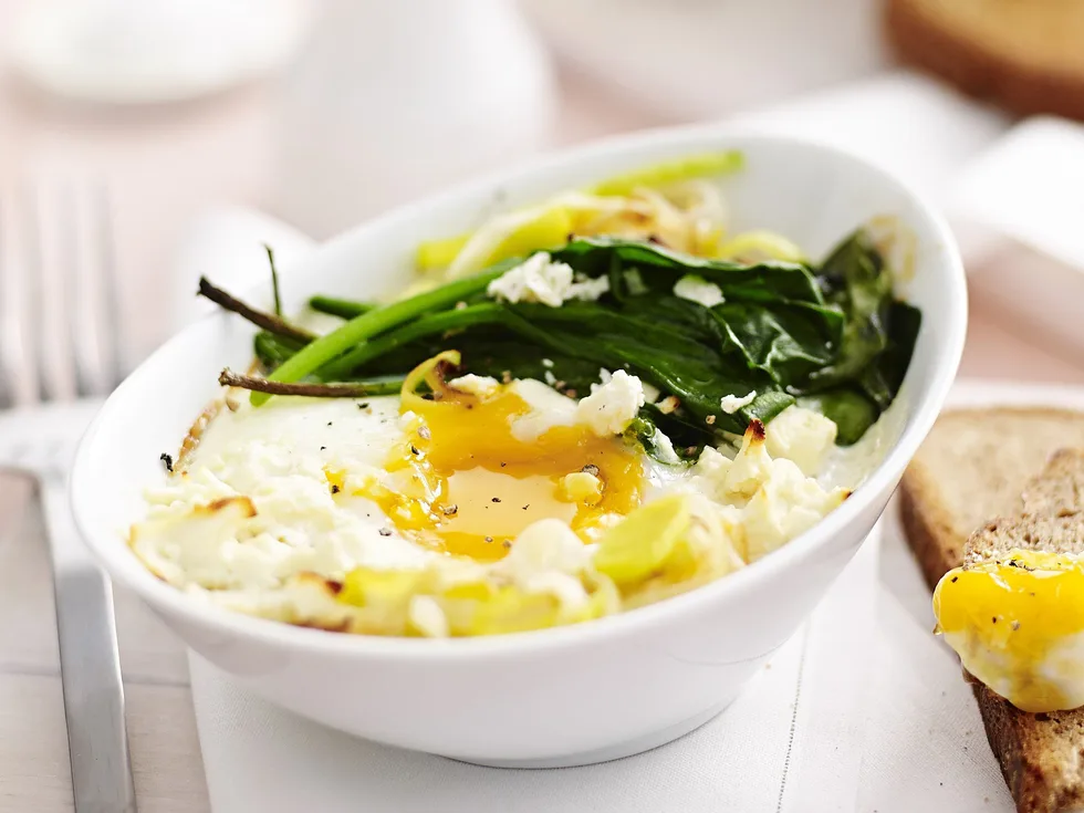fetta, leek and spinach baked eggs