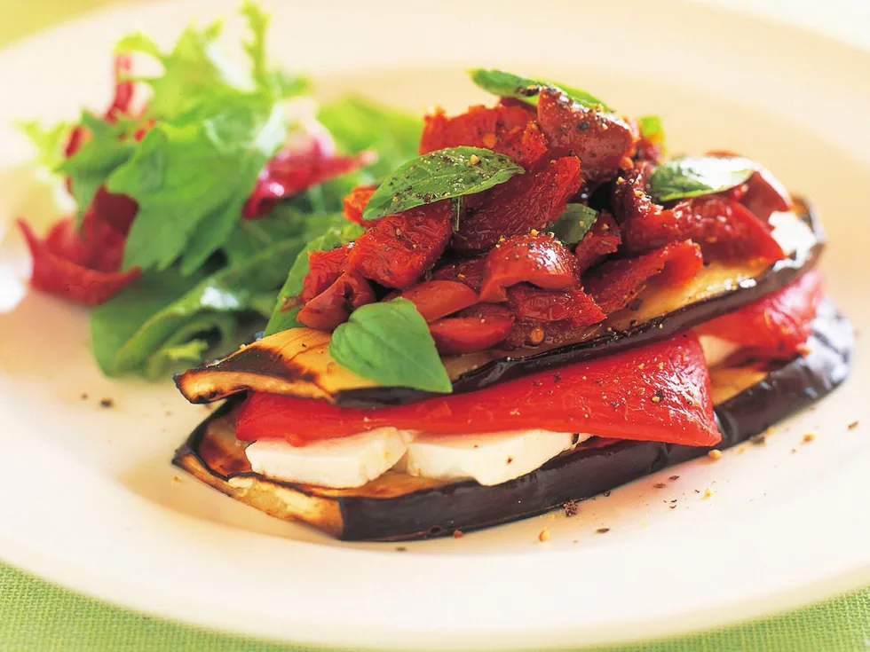 EGGPLANT, FETTA AND CAPSICUM STACK WITH MESCLUN SALAD