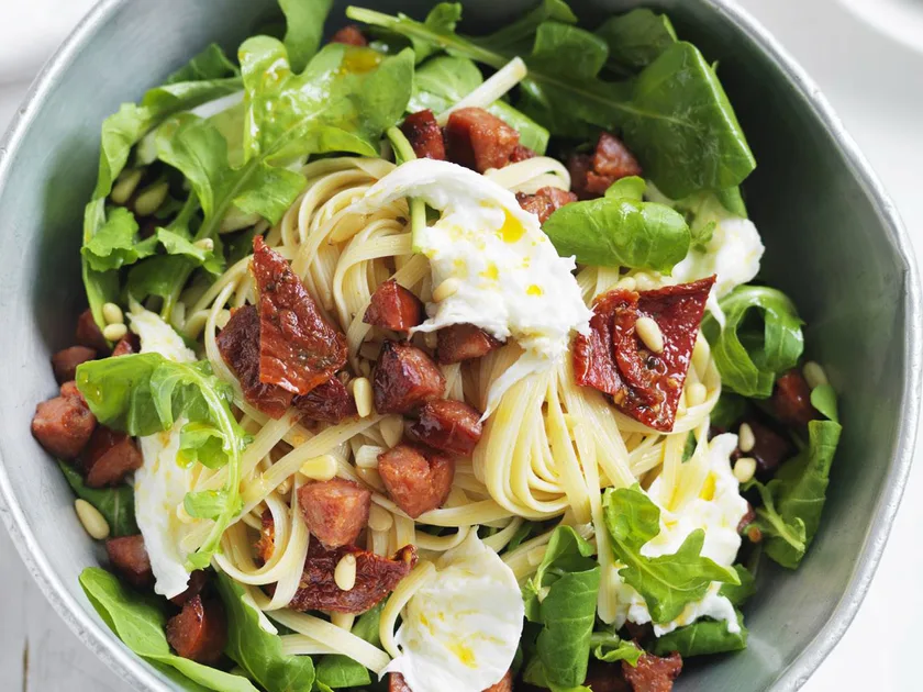 Chorizo, tomato and rocket pasta salad
