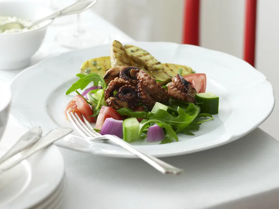 BARBECUED BABY OCTOPUS WITH GREEK-STYLE SALAD
