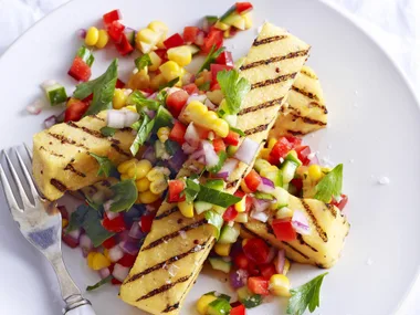 char-grilled polenta strips with corn salsa