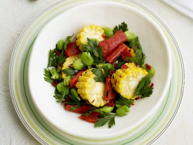 broad bean, char-grilled cornand capsicum salad
