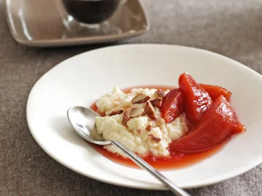 baked rice pudding with poached quince