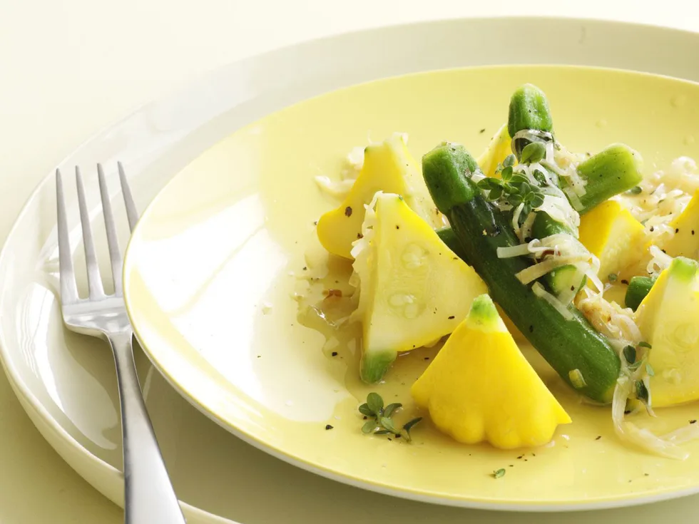 warm squash & zucchini salad with leek dressing