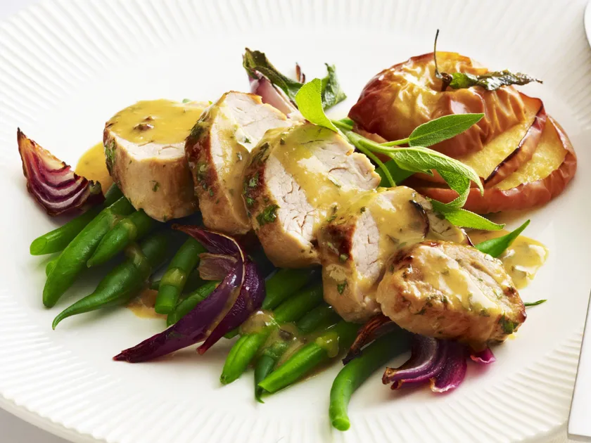 Quick roast pork with apple and sage onions
