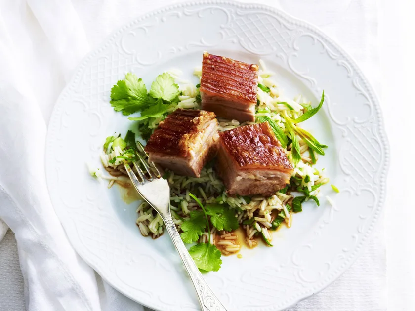 Twice-cooked asian pork belly with steamed ginger rice