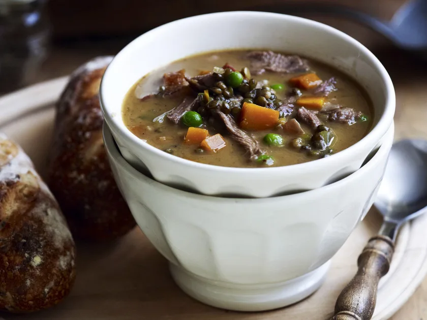 Lamb shank, vegetable and lentil soup