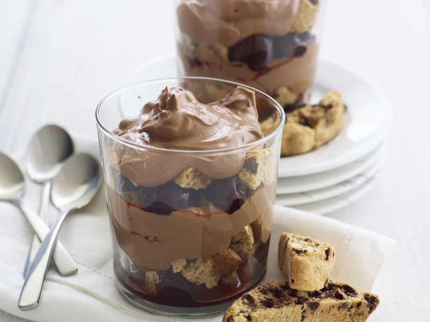 Choc-cherry and hazelnut biscotti trifle