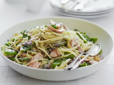 pasta primavera with poached salmon