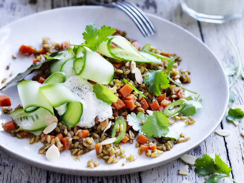 Spiced freekeh with garlic minted yoghurt recipe