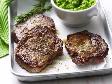 steak with pea puree