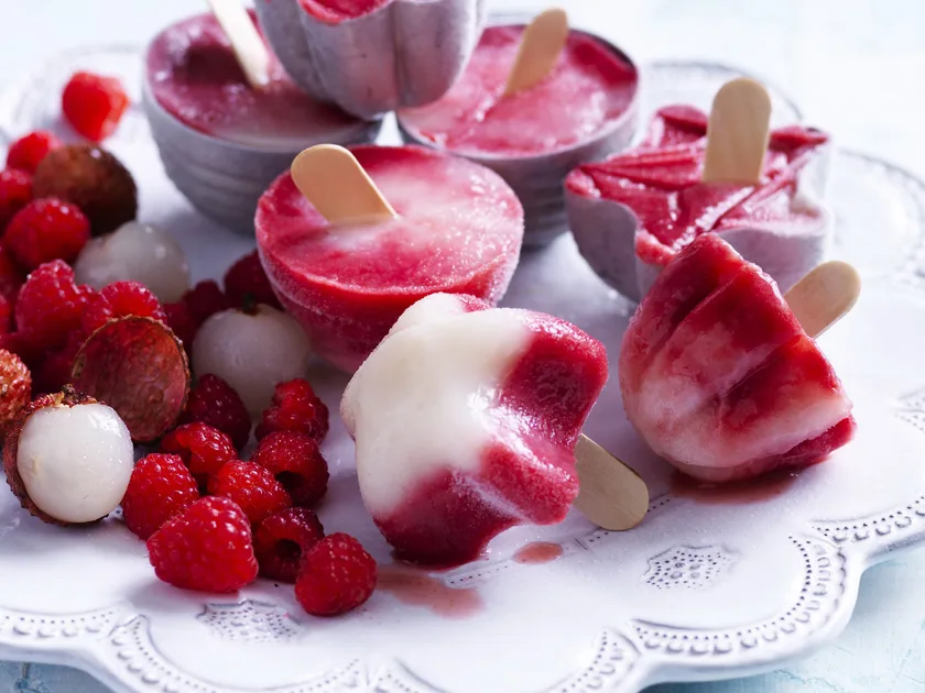 Raspberry, lime & lychee popsicles