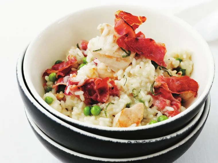 Chicken, pea, sage and prosciutto risotto