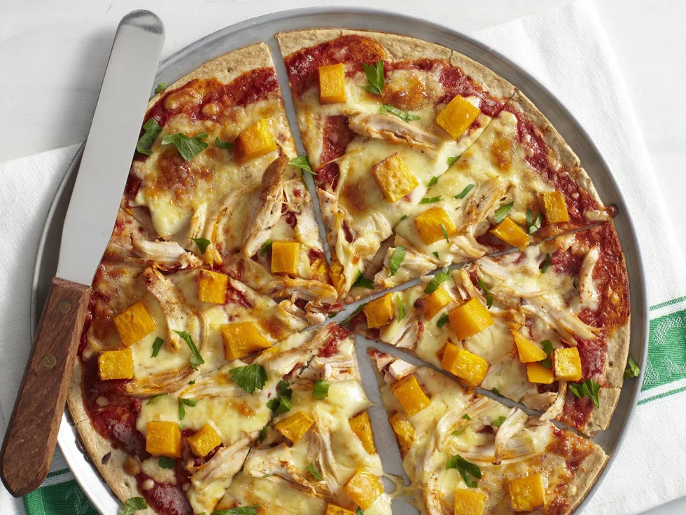 chicken and roasted pumpkin pizzas