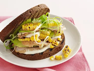 smoky corn, chicken and celery open sandwich