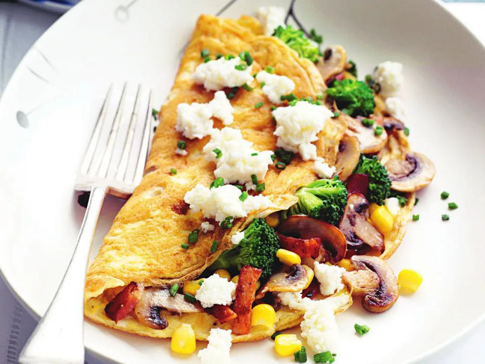 bacon, corn, chive and ricotta omelettes