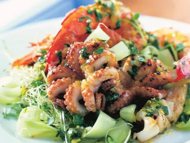char-grilled seafood salad with gremolata dressing