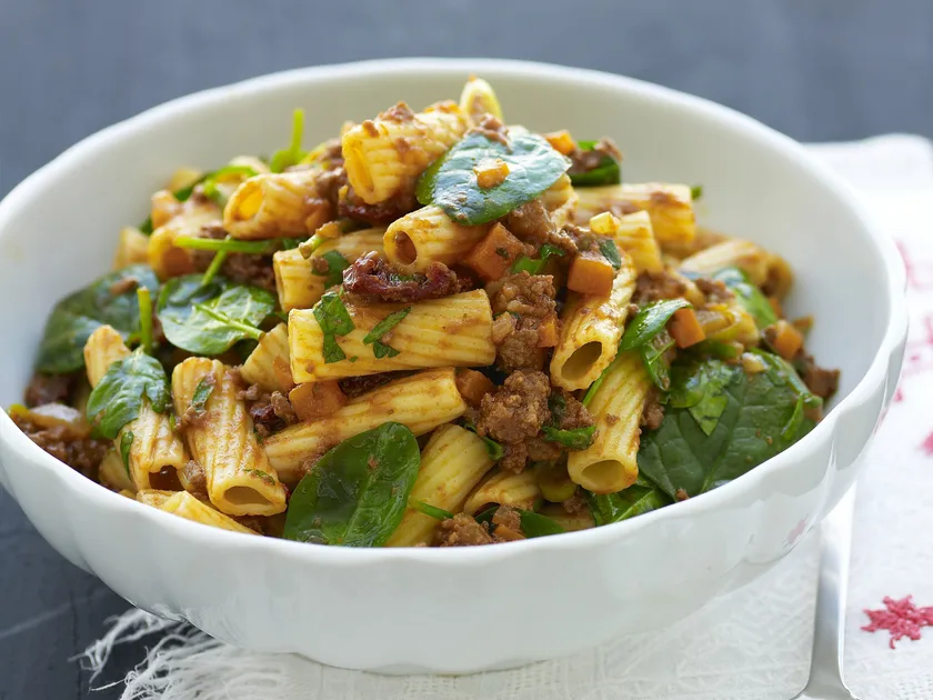 Warm creamy bolognese pasta salad